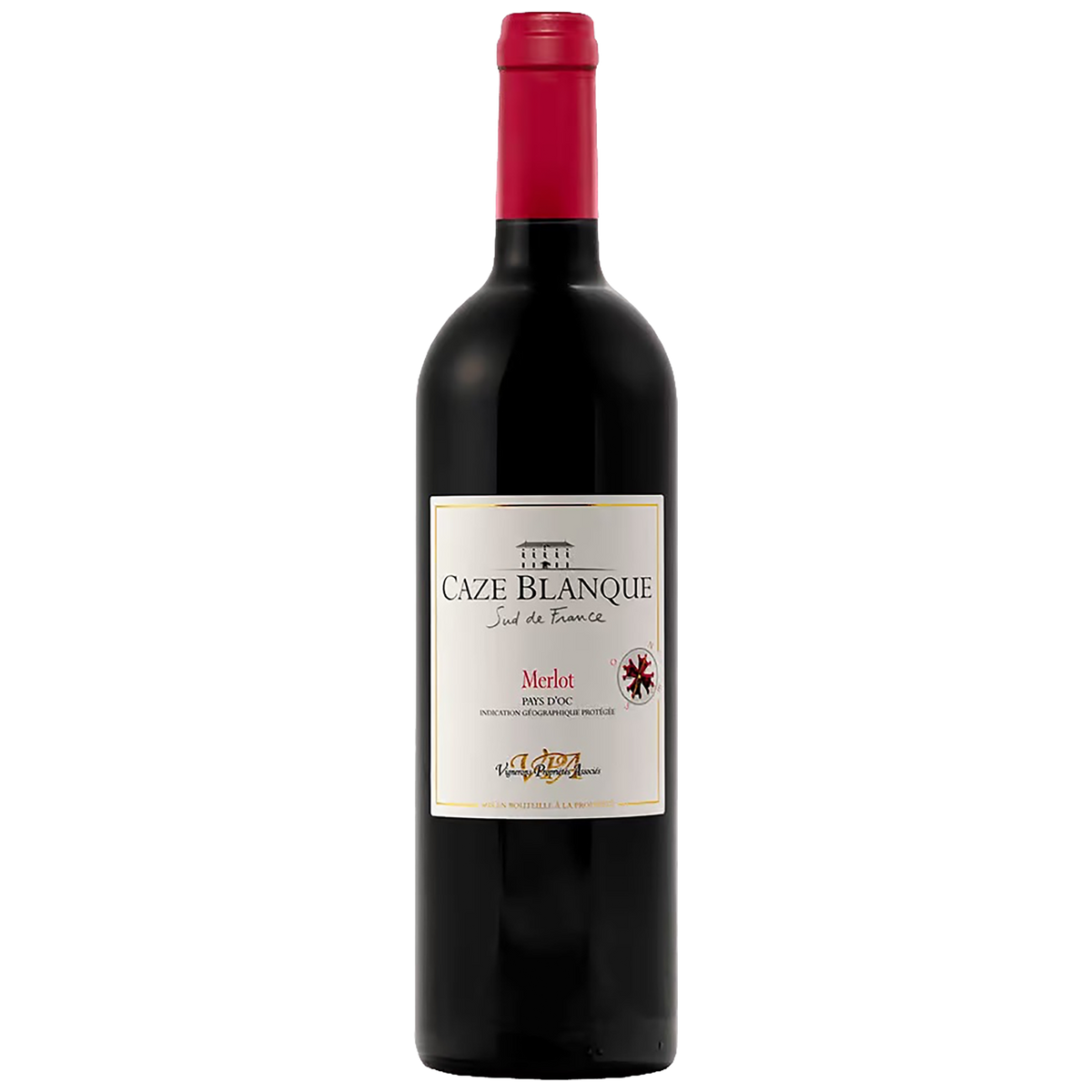 A bottle of Caze Blanque Merlot red wine