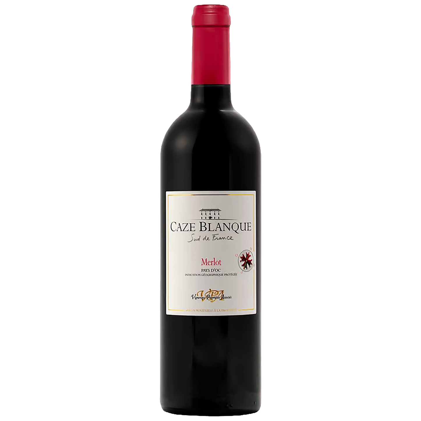 A bottle of Caze Blanque Merlot red wine