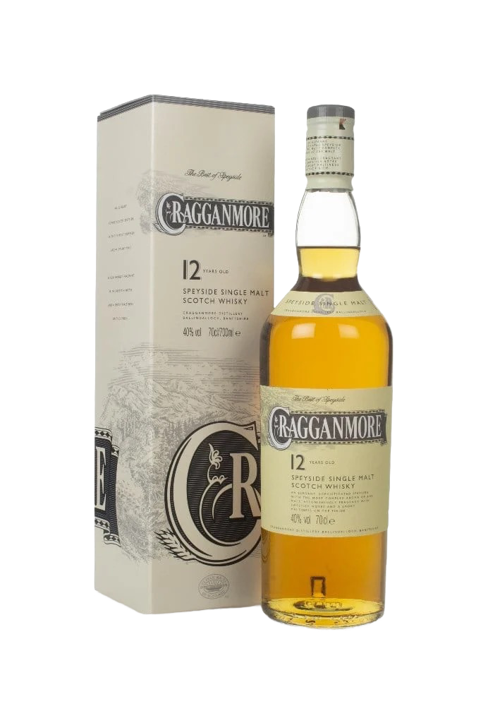 Cragganmore 12-year-old whisky bottle and box on a white background