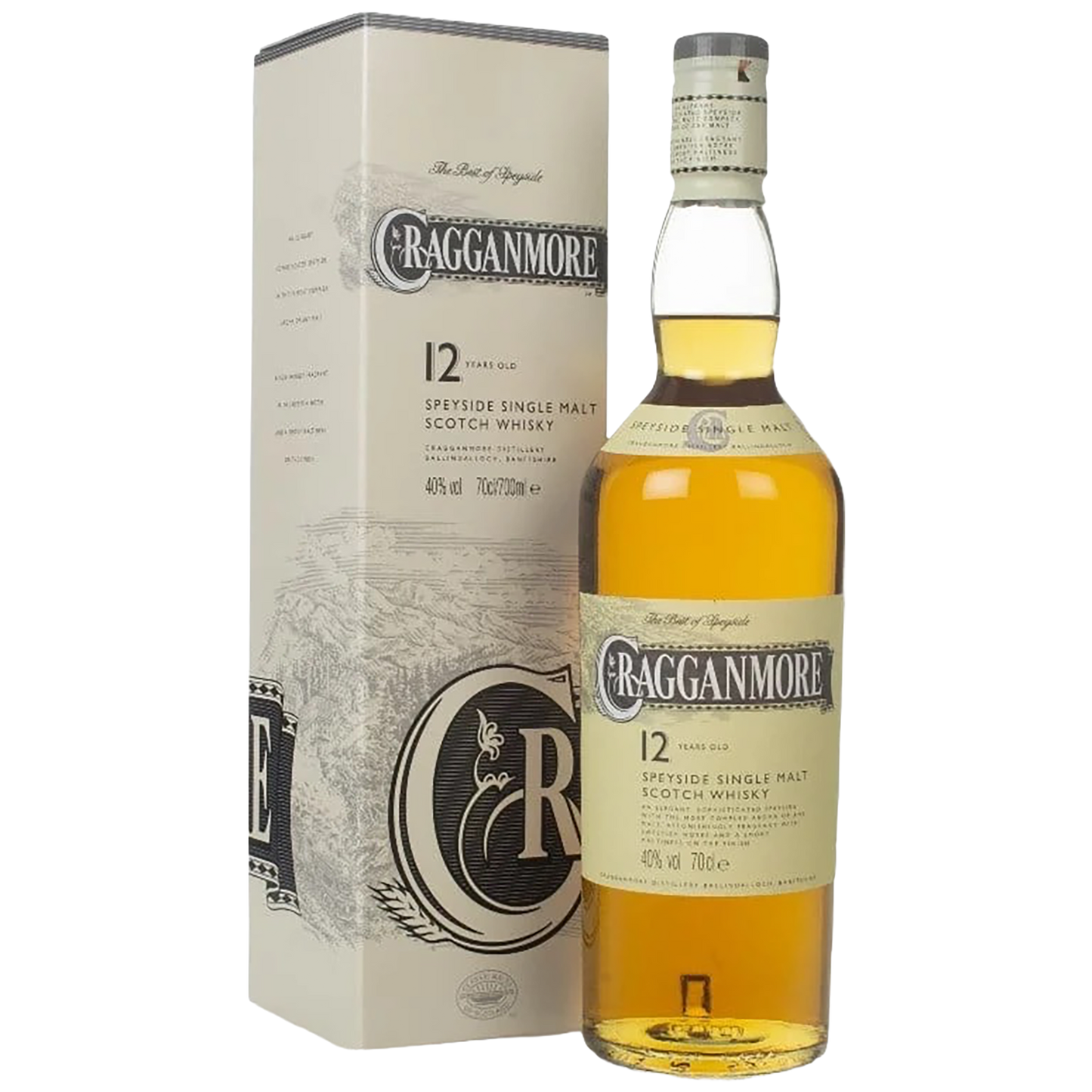A bottle of Cragganmore 12 Speyside Single Malt Scotch Whisky with a gift box
