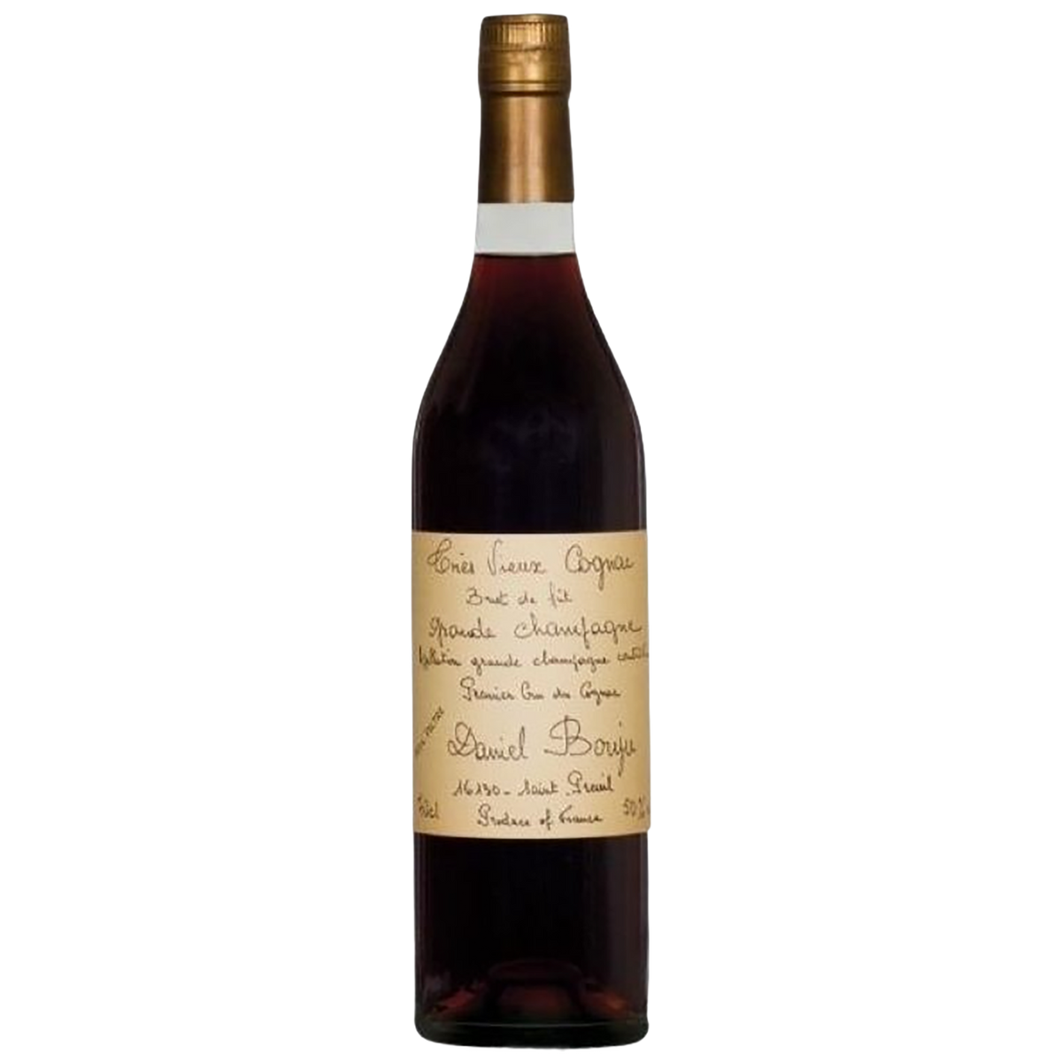 A bottle of Daniel Bouju Grande Champagne 1er Cru Très Vieux Cognac Brut de Fût 40 Year Old