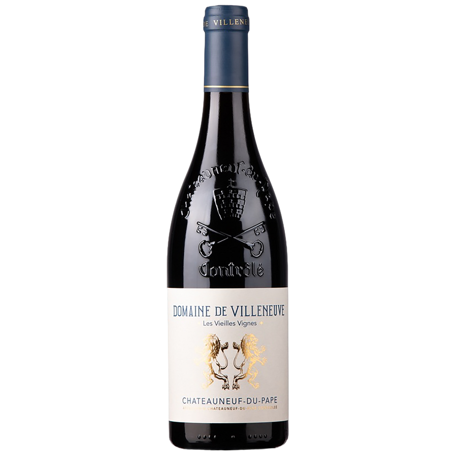 Bottle of Domaine de Villeneuve Vieilles Vignes biodynamic Châteauneuf-du-Pape red wine