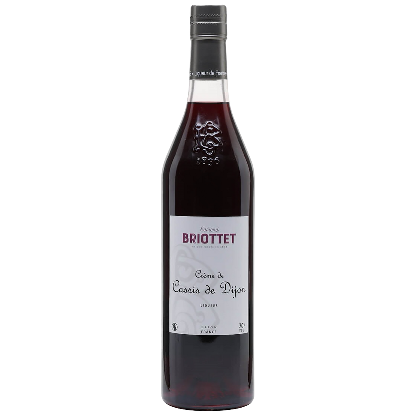 A bottle of Edmond Briottet Creme de Cassis de Dijon