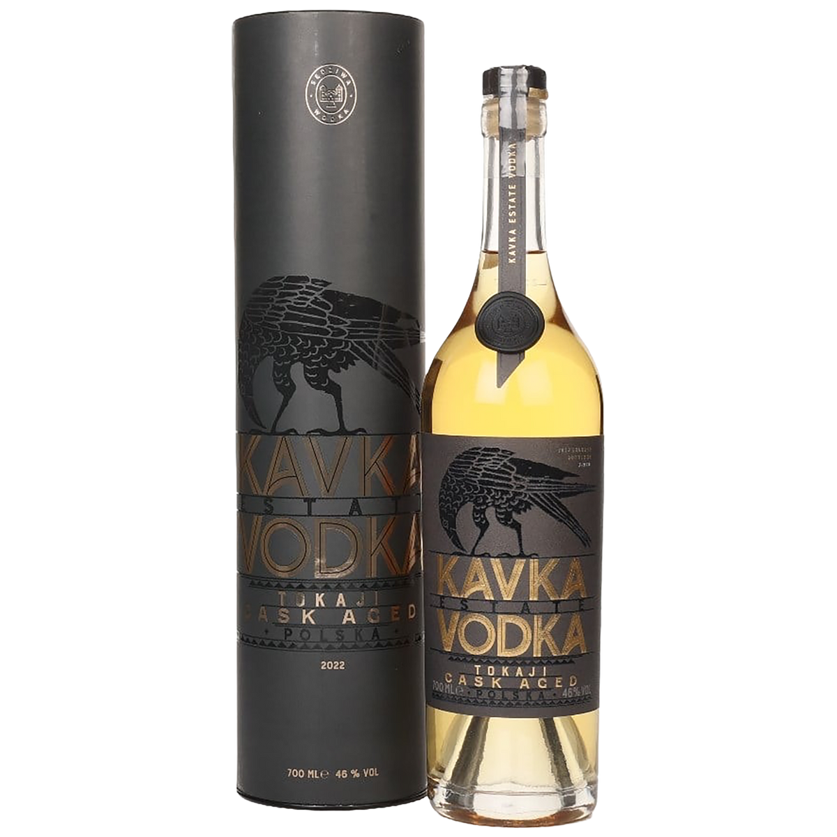 A bottle of Kavka Vodka Tokaji Cask Aged with a gift box