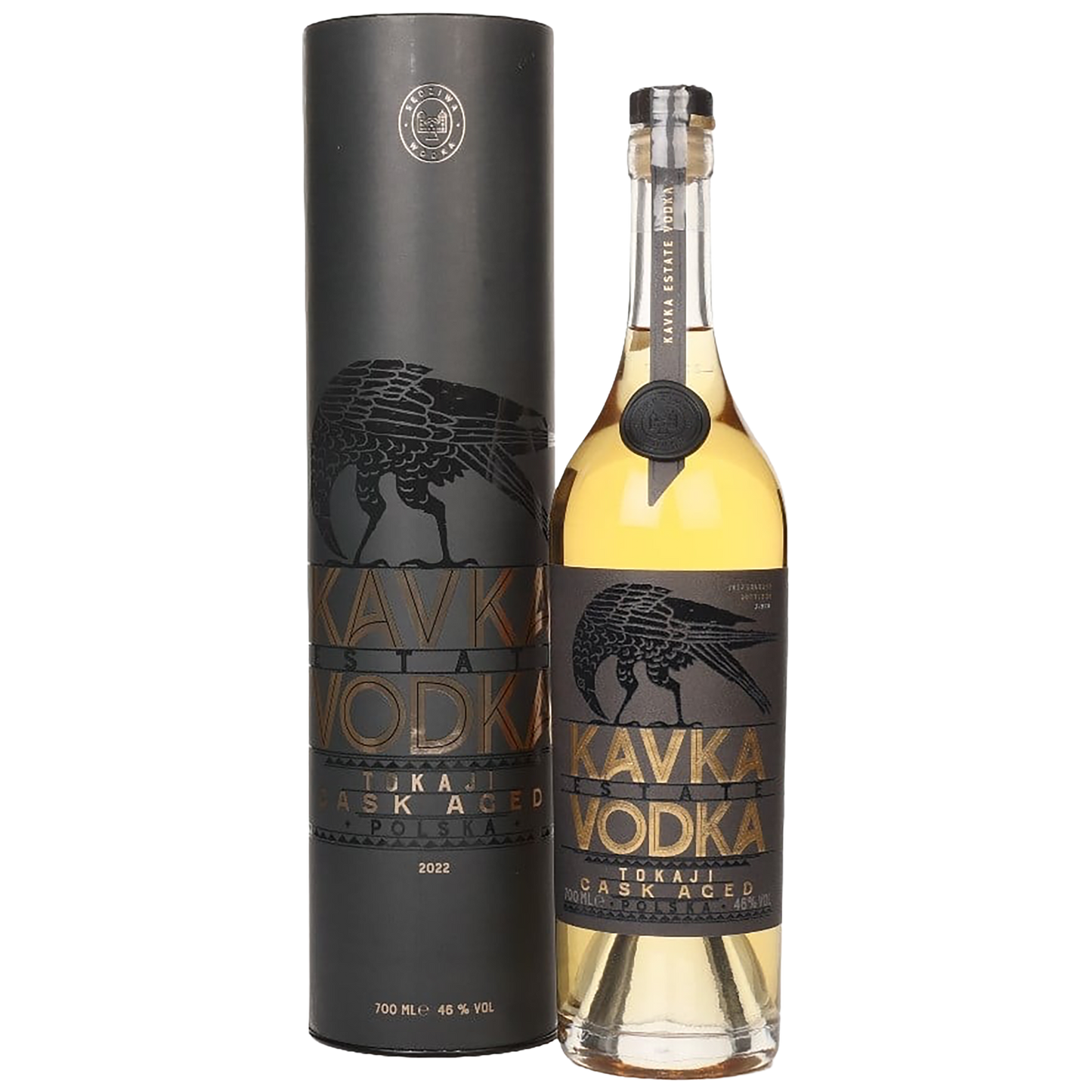 A bottle of Kavka Vodka Tokaji Cask Aged with a gift box