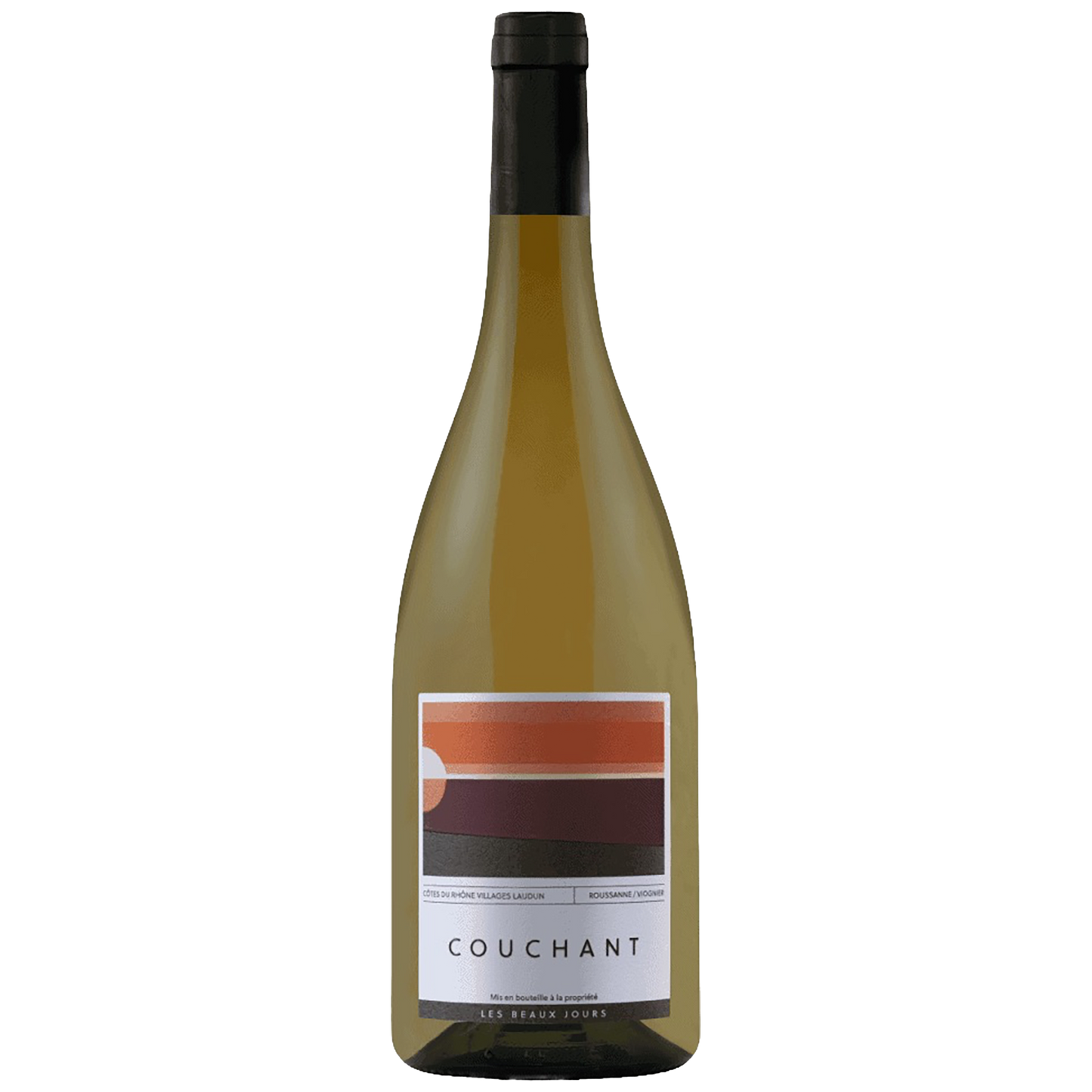 A bottle of Les Beaux Jours Couchant Côtes du Rhône Villages Laudun Blanc