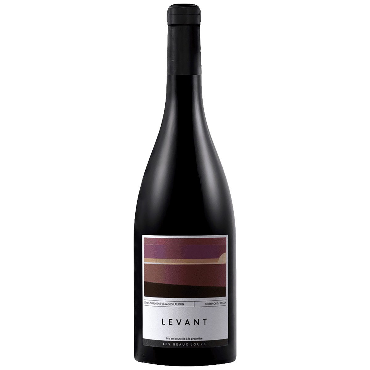 A bottle of Les Beaux Jours Levant Côtes du Rhône Villages Laudun Rouge