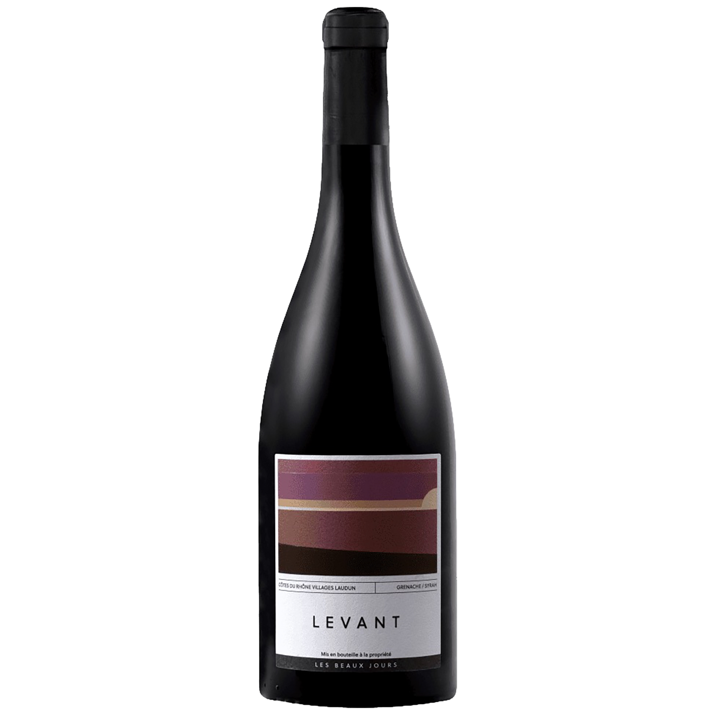 A bottle of Les Beaux Jours Levant Côtes du Rhône Villages Laudun Rouge