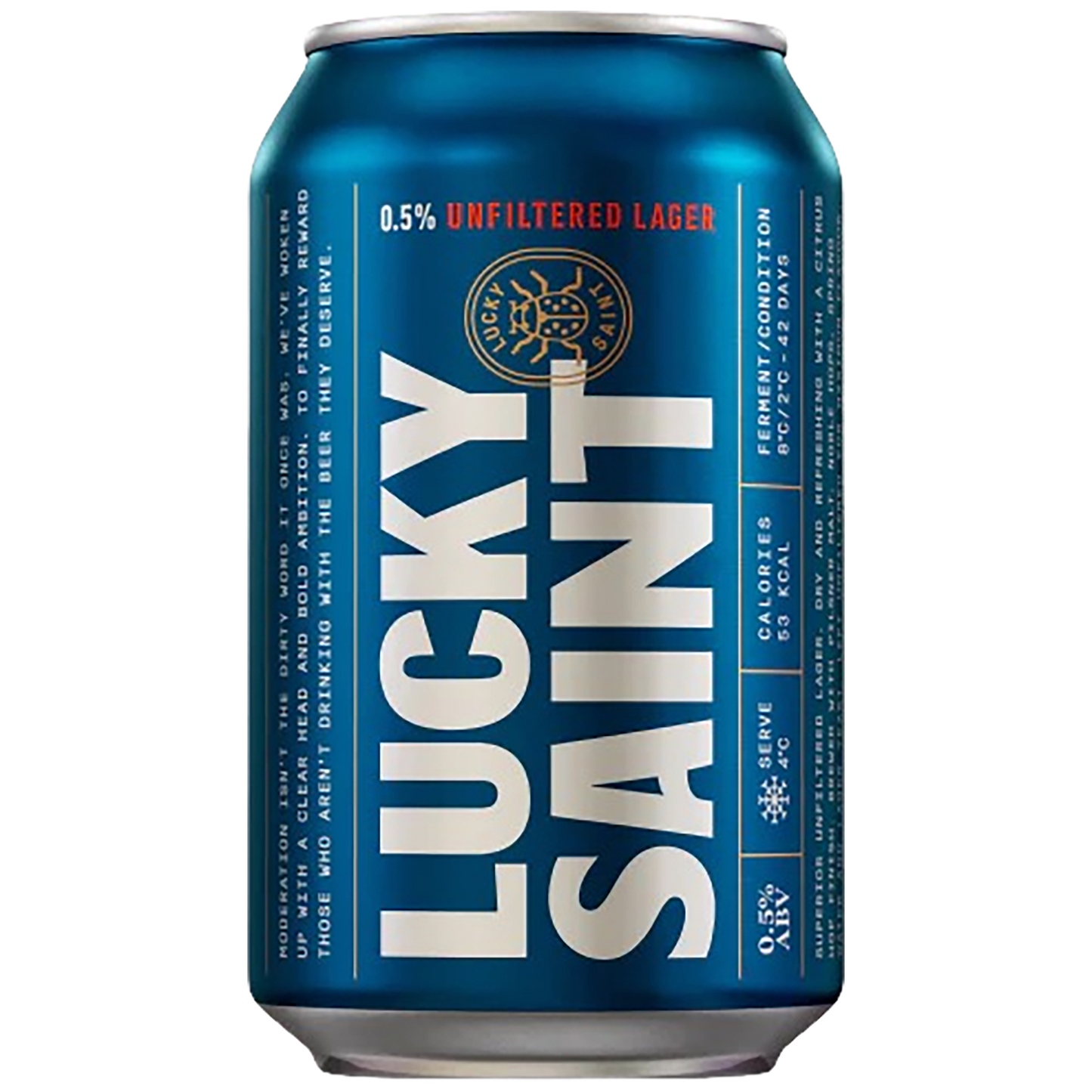 A can of Lucky Saint Unfiltered Lager