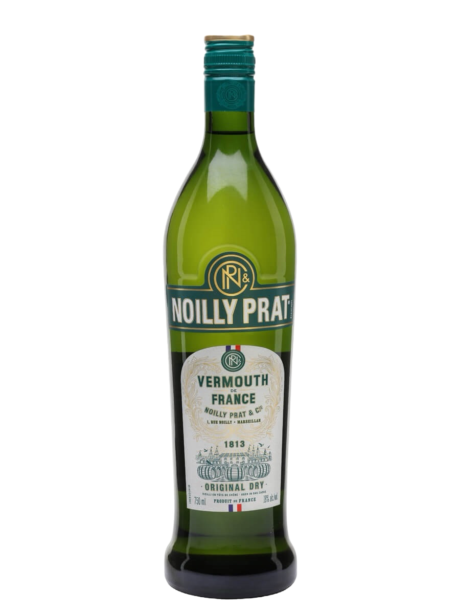 Noilly Prat vermouth bottle on a white background