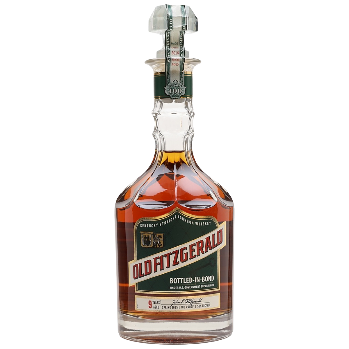 Bottle of Old Fitzgerald Bottled‑in‑Bond 9 Year Old Kentucky straight bourbon Spring 2016 – Spring 2025 Edition in diamond decanter from Blenheim Vintners London.