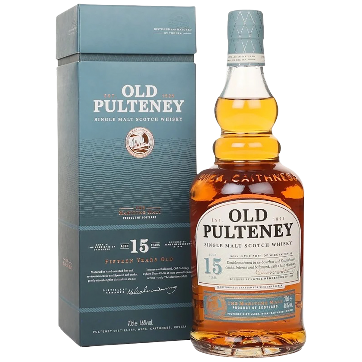 A bottle of Old Pulteney 15 Single Malt Scotch Whisky with a gift box