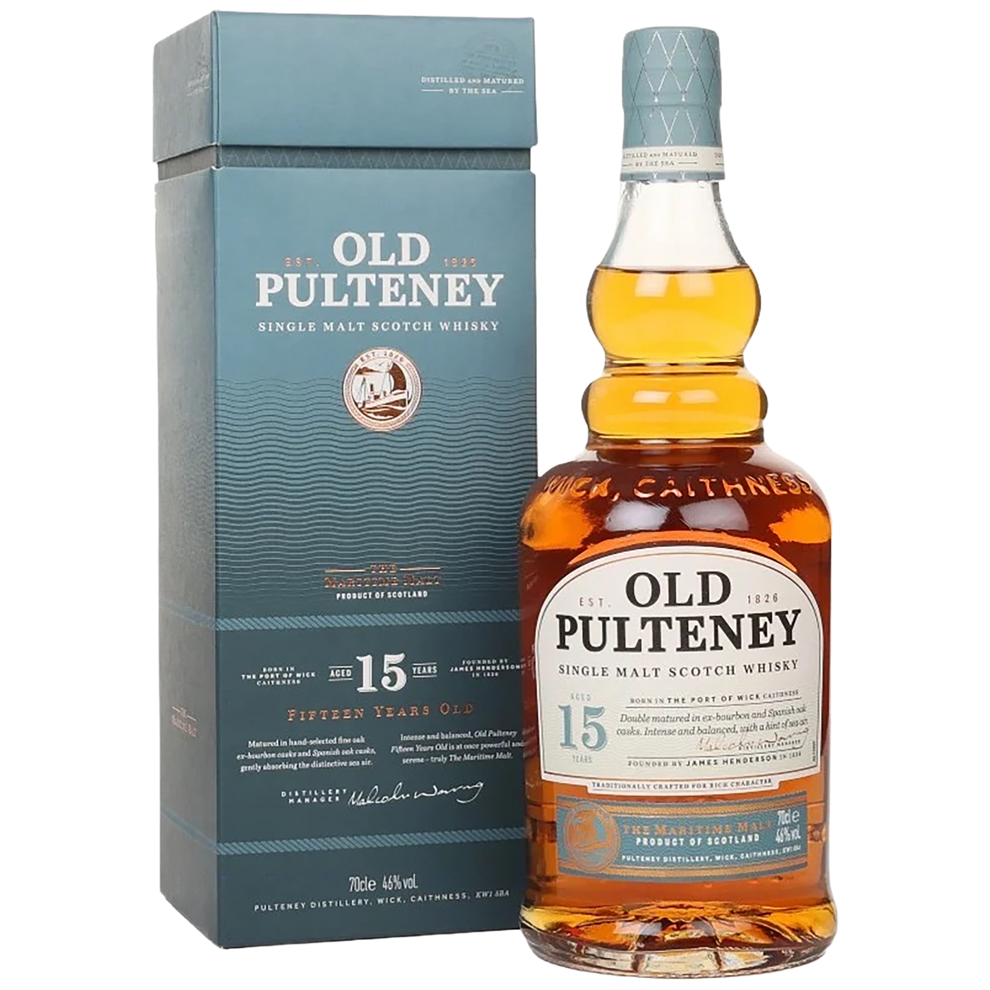 A bottle of Old Pulteney 15 Single Malt Scotch Whisky with a gift box