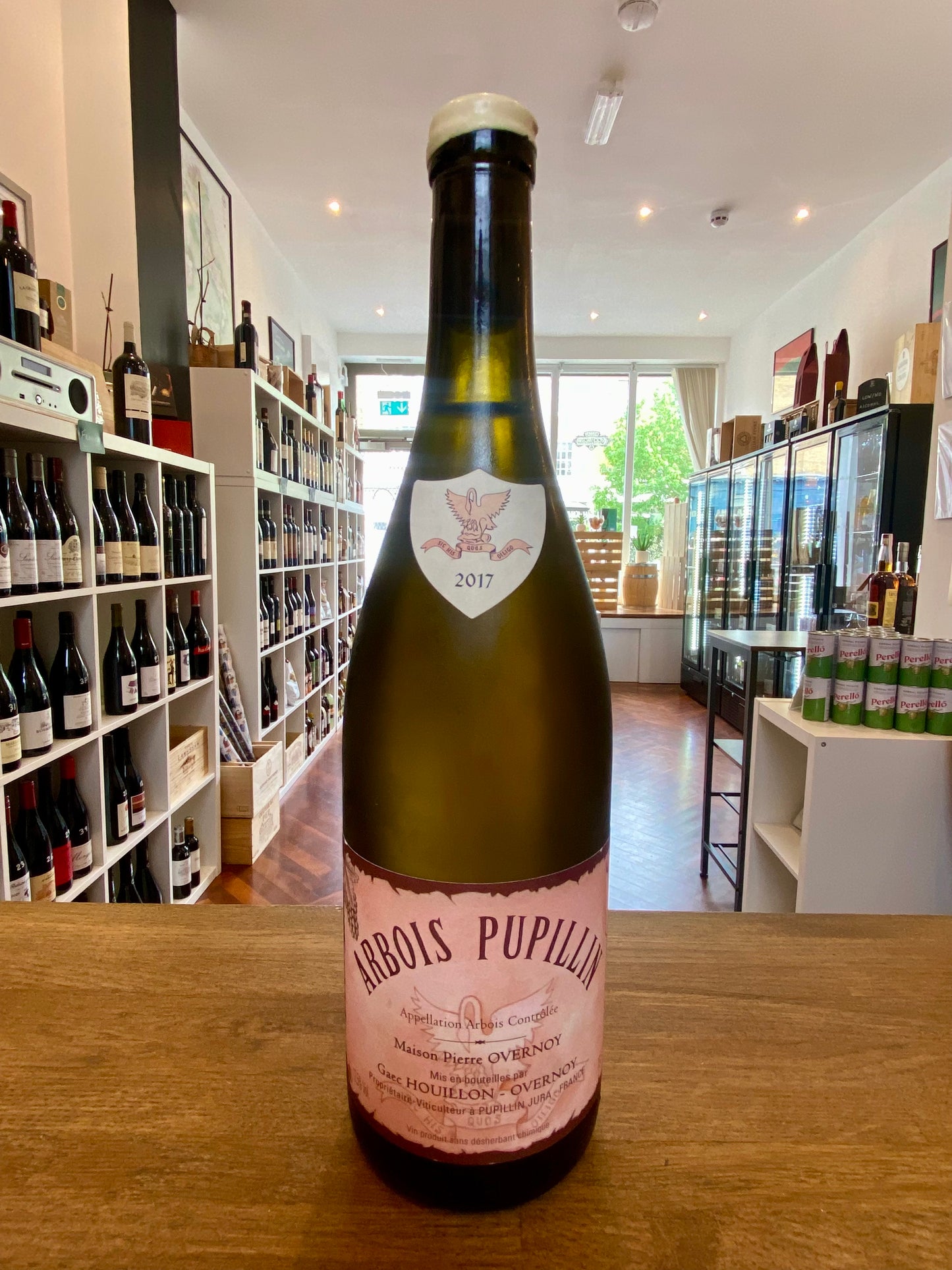 Bottle of Overnoy‑Houillon Arbois Pupillin Chardonnay 2017 white wax from Jura, available at Blenheim Vintners in London St John's Wood.