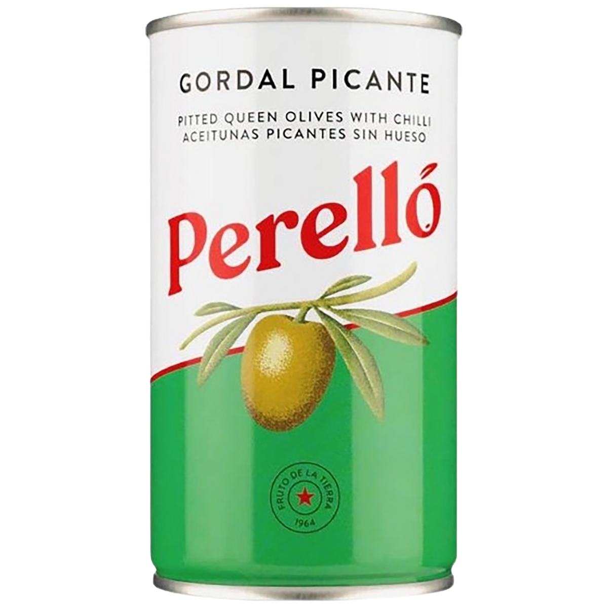 A tin of Perelló Gordal Spicy Pitted Olive