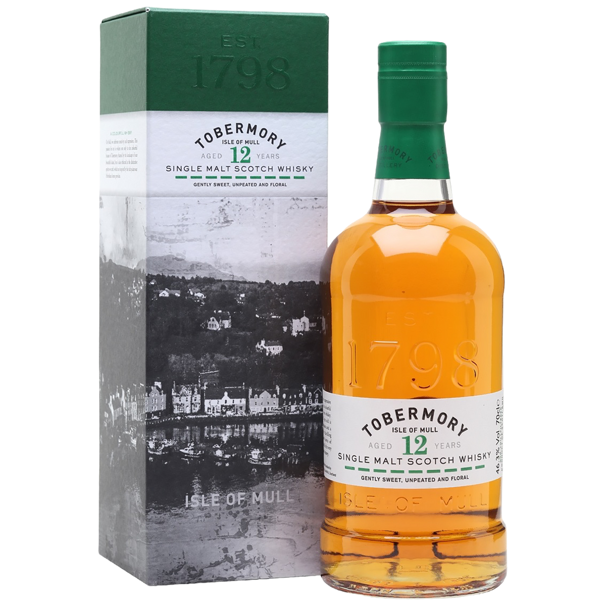 A bottle of Tobermory 12 Single Malt Scotch Whisky with a gift box