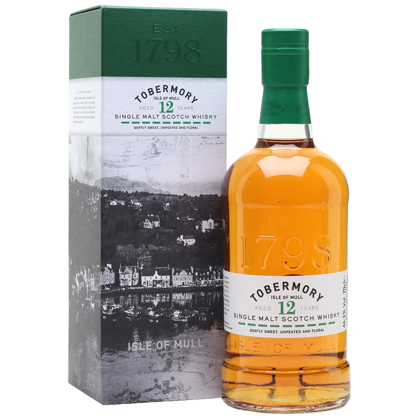 A bottle of Tobermory 12 Single Malt Scotch Whisky with a gift box
