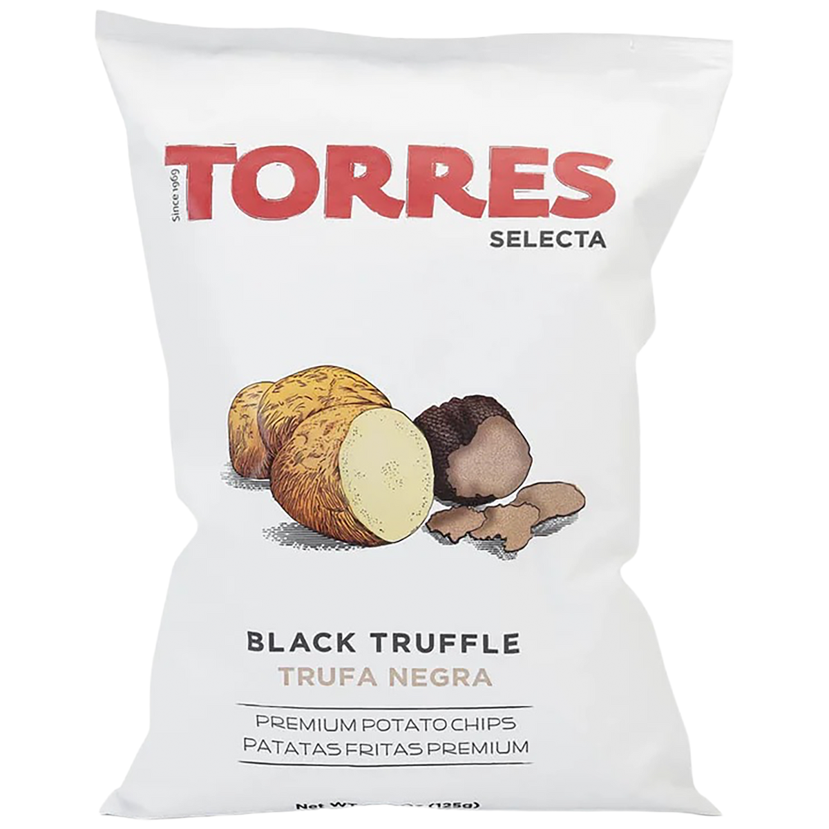 A bag of Torres Black Truffle Potato Crisps