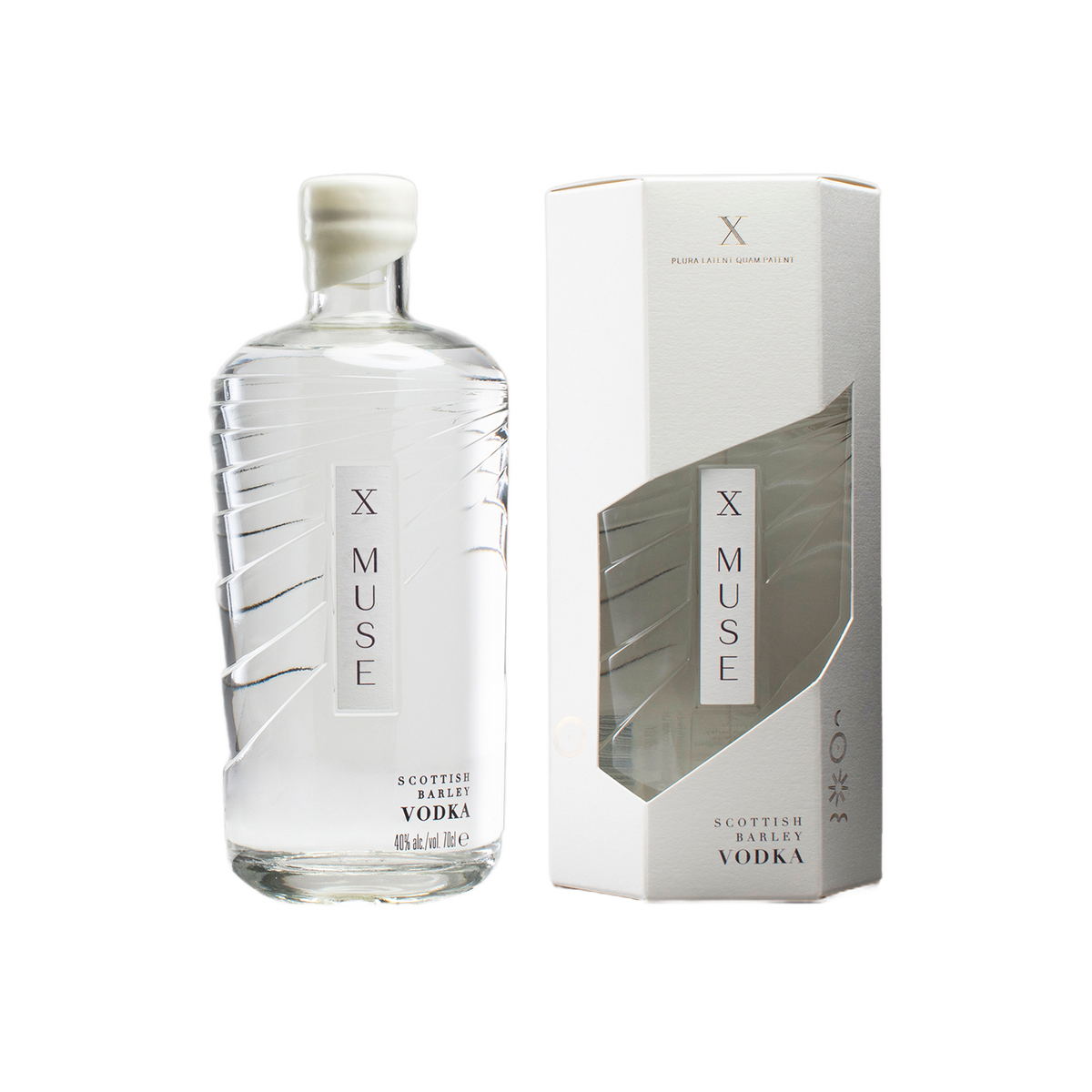 A bottle of X-Muse Scottish Highlands Vodka next to its white packaging box, both featuring a minimalist design with a clear glass bottle and white cap on a white background.