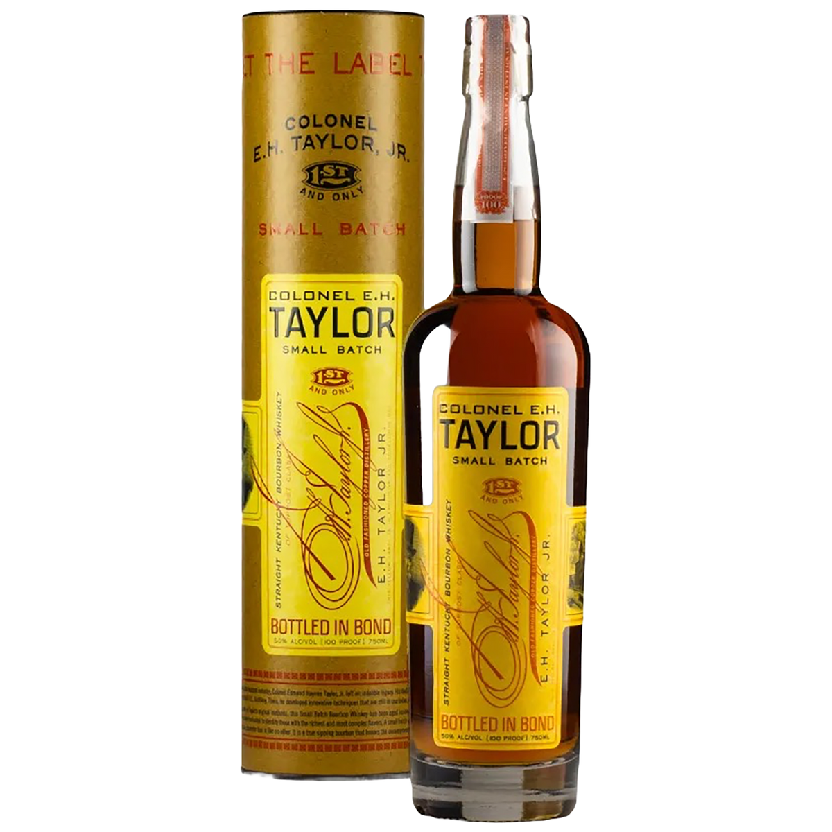 A bottle of E.H. Taylor Small Batch Whiskey with a gift box