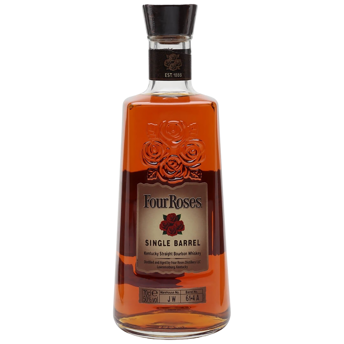 Bottle of Four Roses Single Barrel Straight Bourbon on shelf at Blenheim Vintners NW8