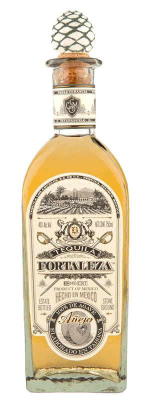 Close-up of Fortaleza Añejo 100% agave tequila label