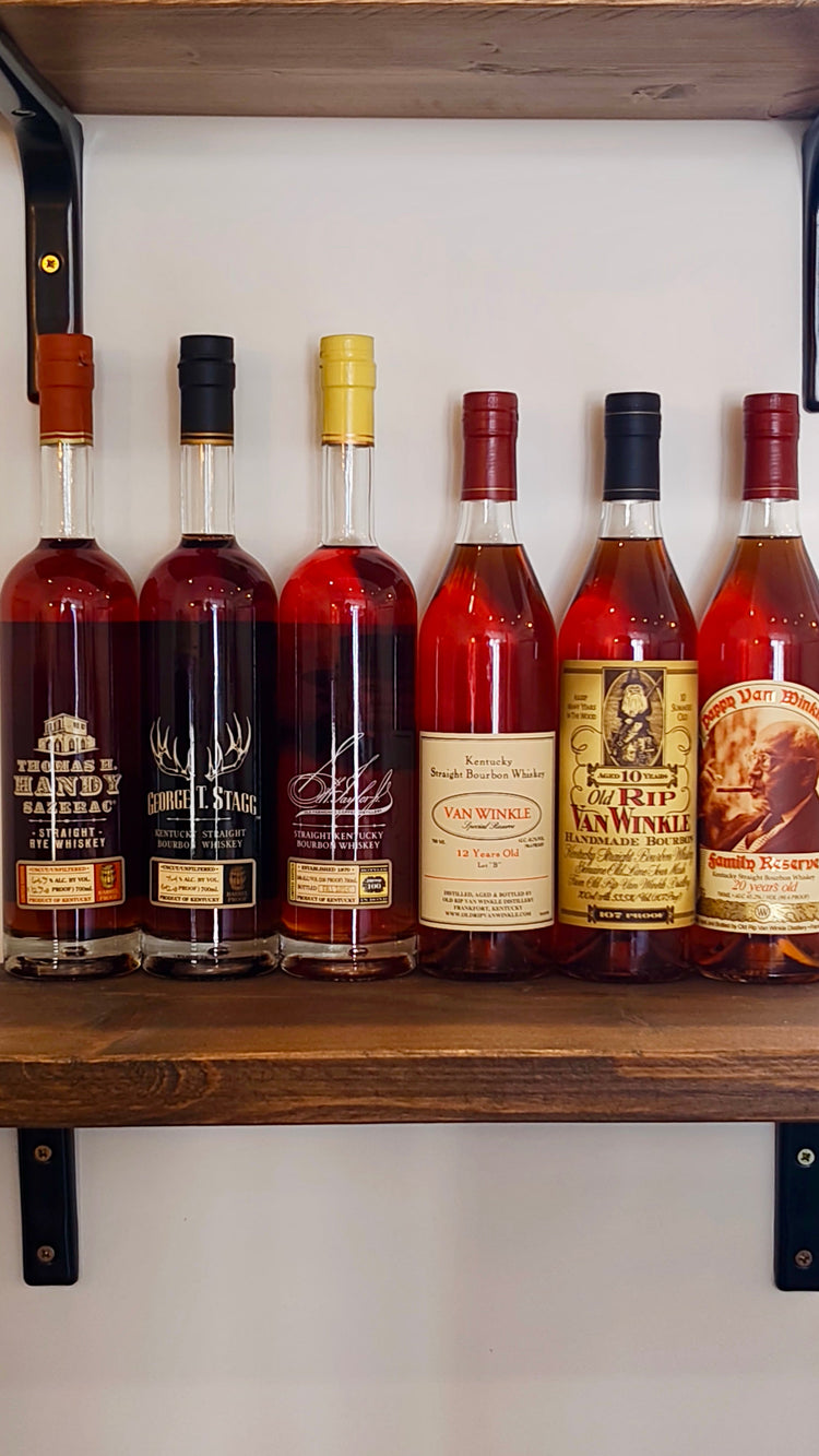 Bottles of Pappy Van Winkle and Buffalo Trace Antique Collection American whiskey at Blenheim Vintners in St John’s Wood, London.