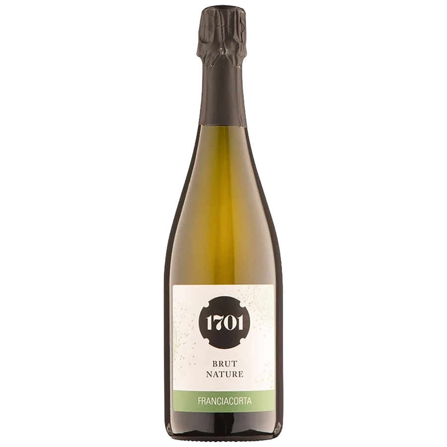 A bottle of 1701 Brut Nature Franciacorta sparkling wine.