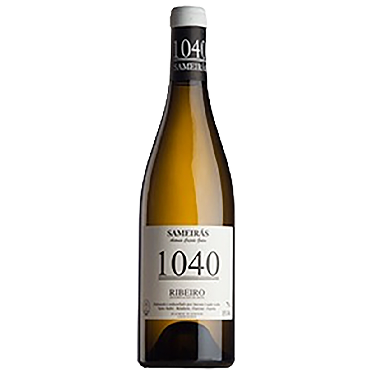 A bottle of Sambreas 1040 Ribiero white wine in a dark glass bottle with a white label and black neck seal, shown against a plain white background, available at Blenheim Vintners