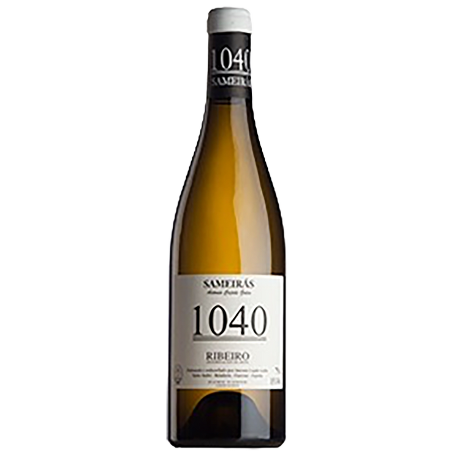 A bottle of Sambreas 1040 Ribiero white wine in a dark glass bottle with a white label and black neck seal, shown against a plain white background, available at Blenheim Vintners