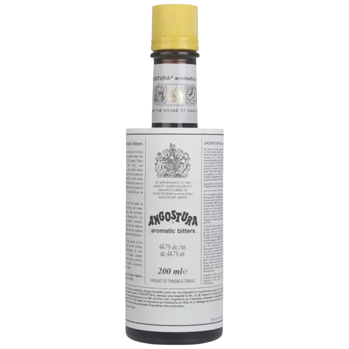 A bottle of Angostura aromatic bitters with a white label and a yellow cap, shown against a plain white background.