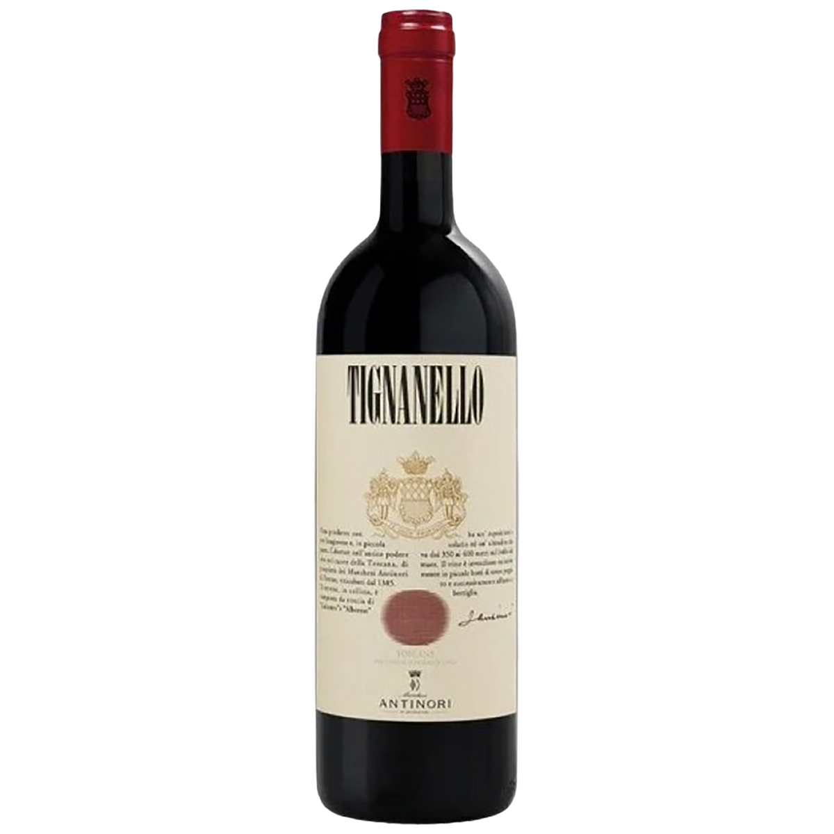 Bottle of Tignanello wine with a red cap on a white background