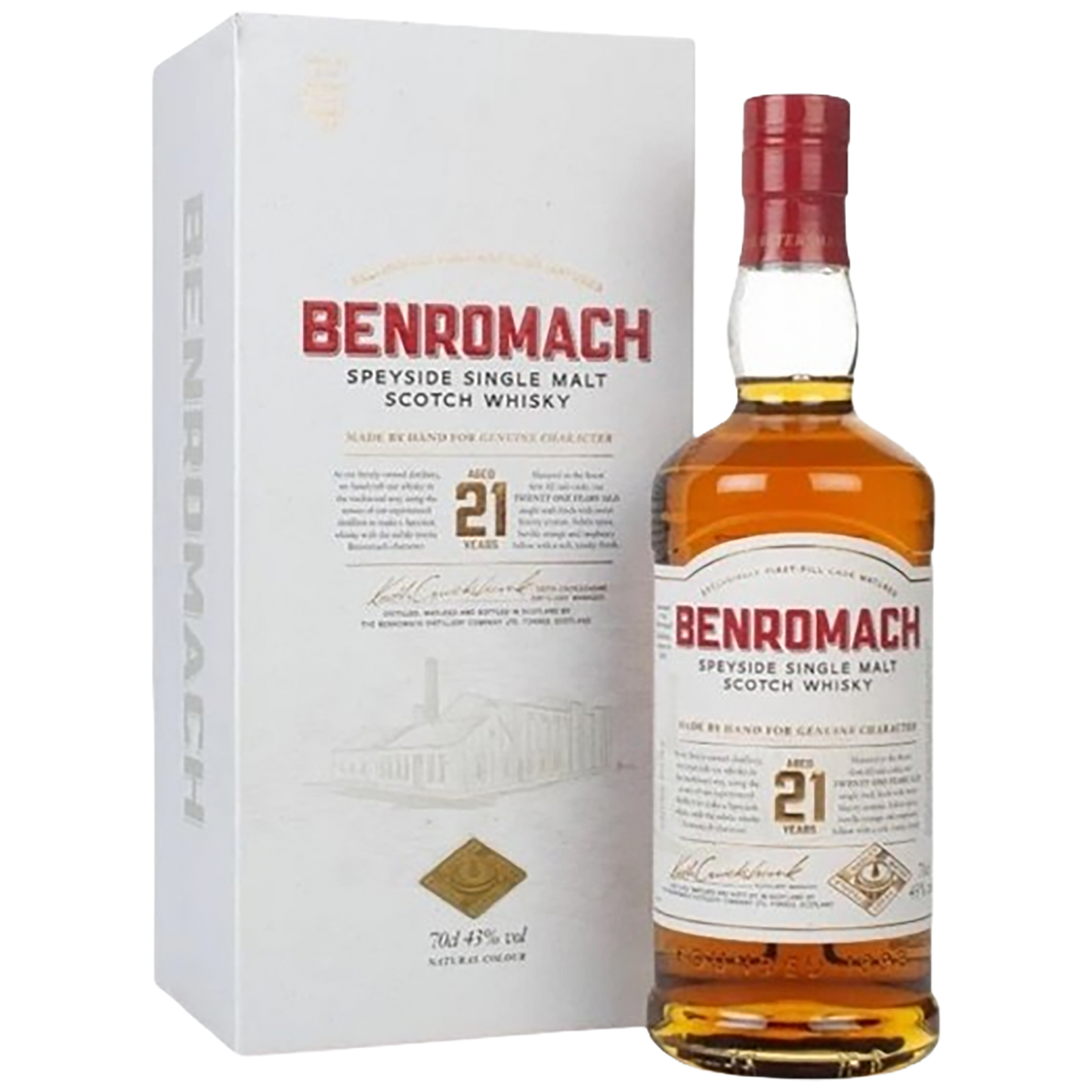 A bottle of Benromach 21 Year Old Scotch Whisky with a gift box