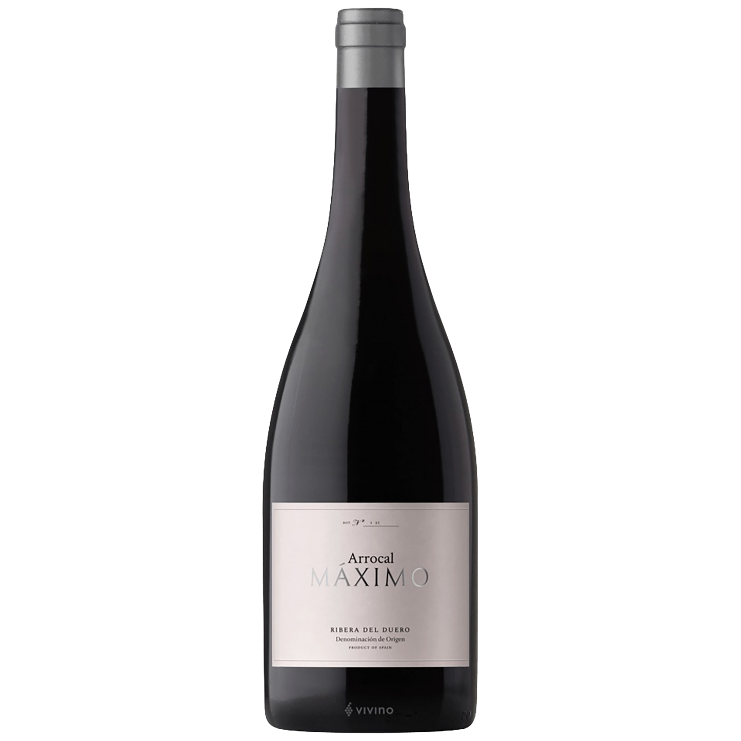 A bottle of Arrocal Maximino red wine, featuring a dark glass bottle with a silver foil capsule and a light gray label.