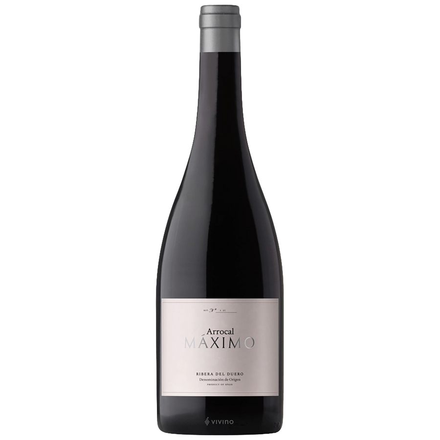 A bottle of Arrocal Maximino red wine, featuring a dark glass bottle with a silver foil capsule and a light gray label.