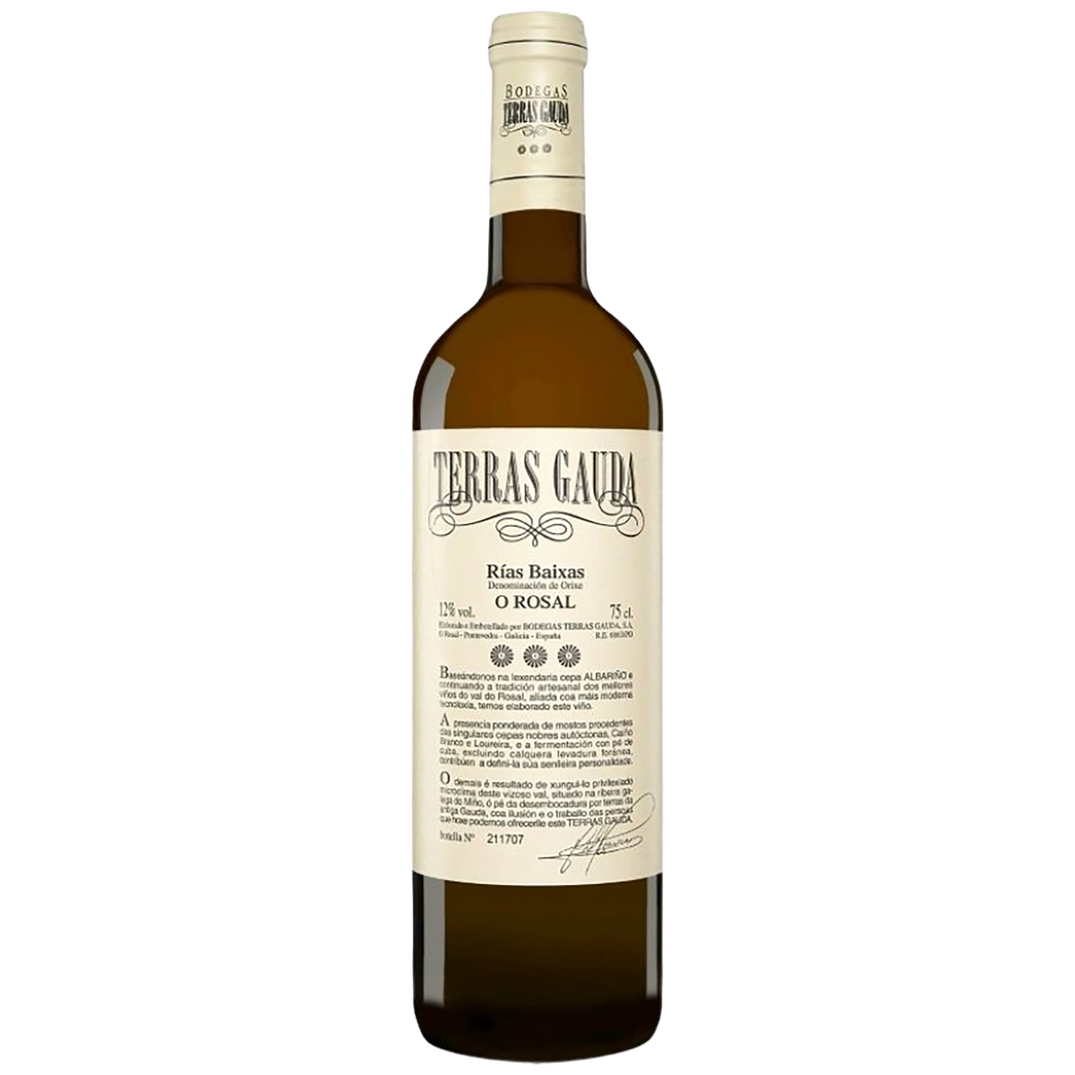 A bottle of Terras Gauda Rías Baixas O Rosal white wine.