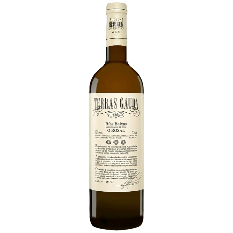 A bottle of Terras Gauda Rías Baixas O Rosal white wine.