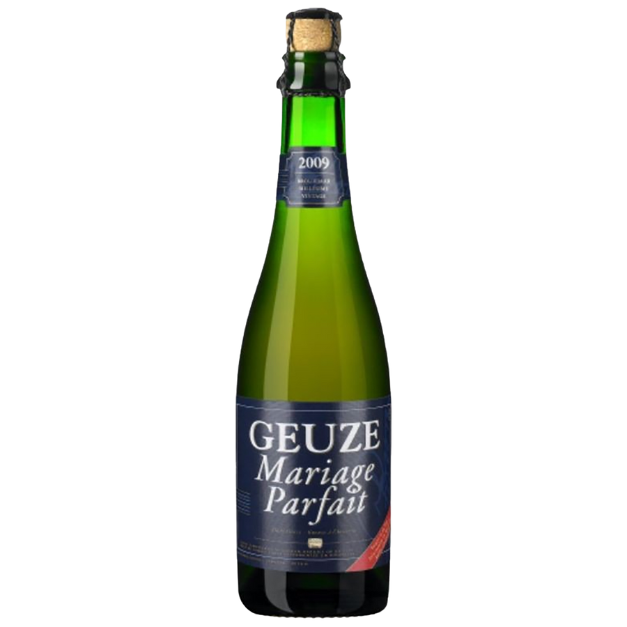 A bottle of Geuze Mariage Parfait featuring a dark green glass bottle, a dark blue label with white text, and a cork closure, shown against a plain white background.