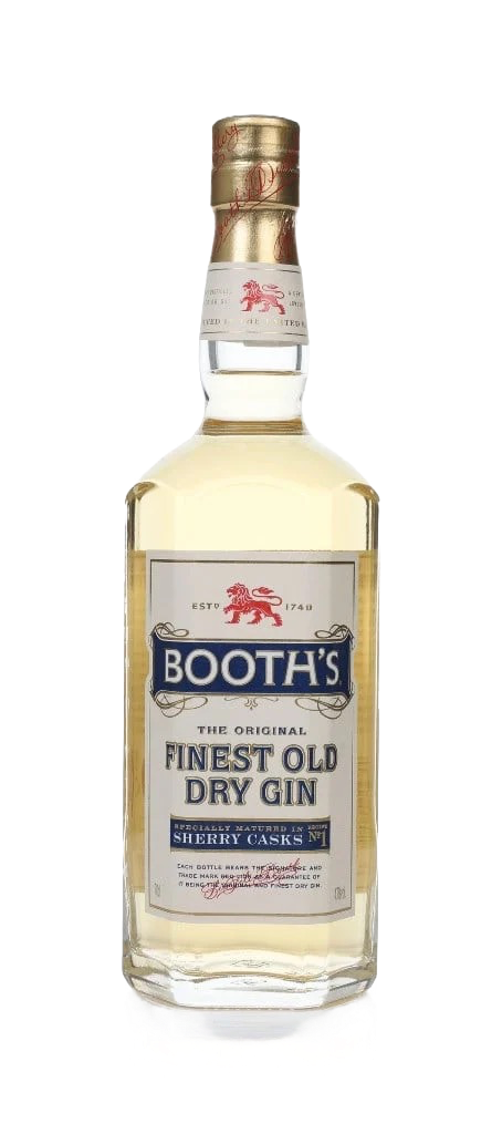 Booth’s Finest Old Dry Gin bottle on a white background