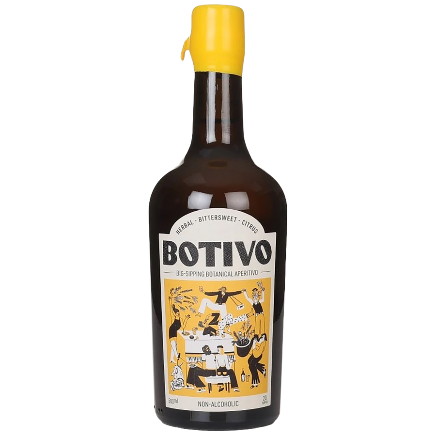 A bottle of Botivo Botanical non-alcoholic herbal, bittersweet, citrus liqueur.