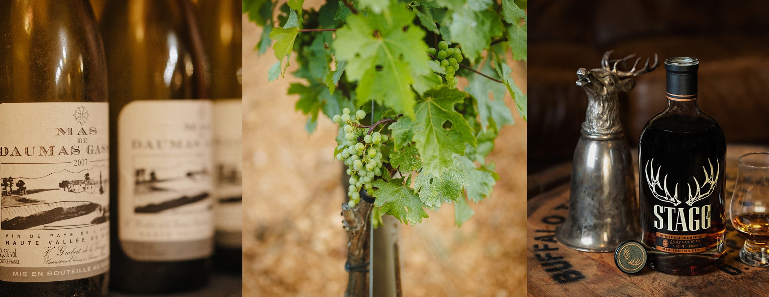 Collage of Mas de Daumas Gassac Wine bottles, grapes, and Stagg bourbon bottle with glass.