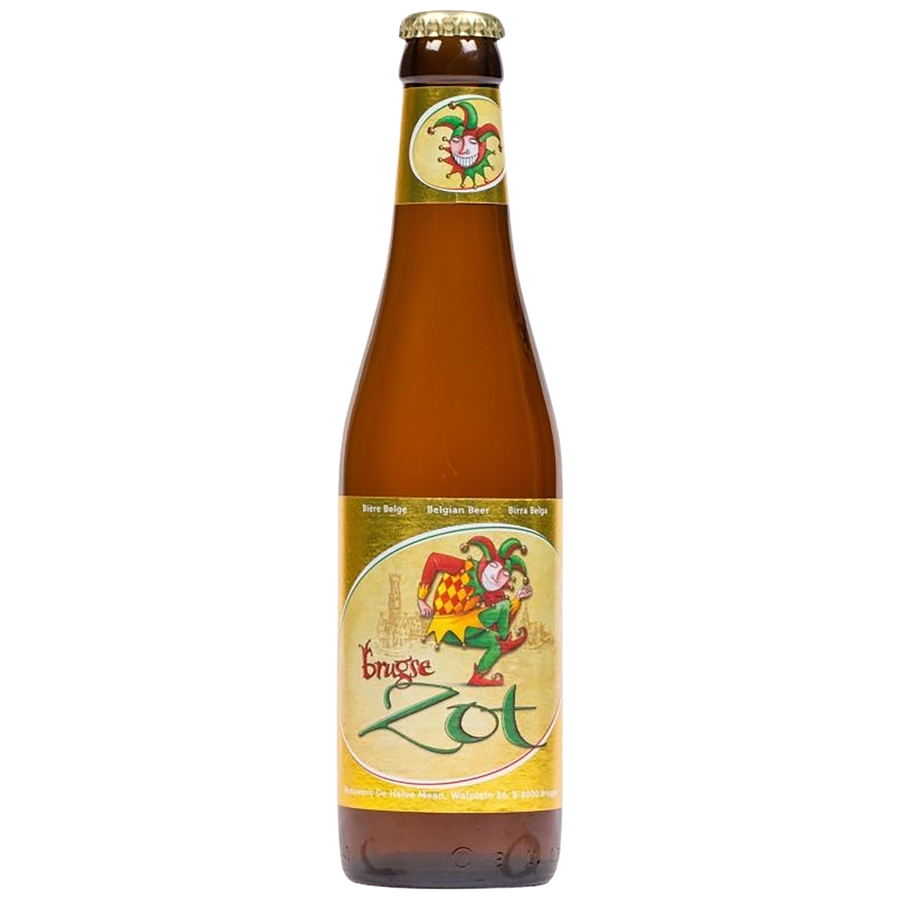 A bottle of Bingeze Zot belgian beer, featuring a brown glass bottle with a gold and yellow label and a gold crown cap, set against a plain white background.