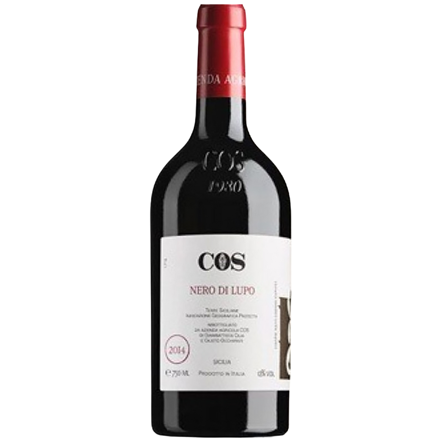 A bottle of COS Nero Di Lupo red wine