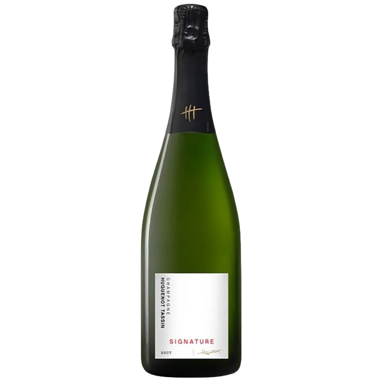 A bottle of Champagne Huguenot Tassin Signature Blanc de Noirs