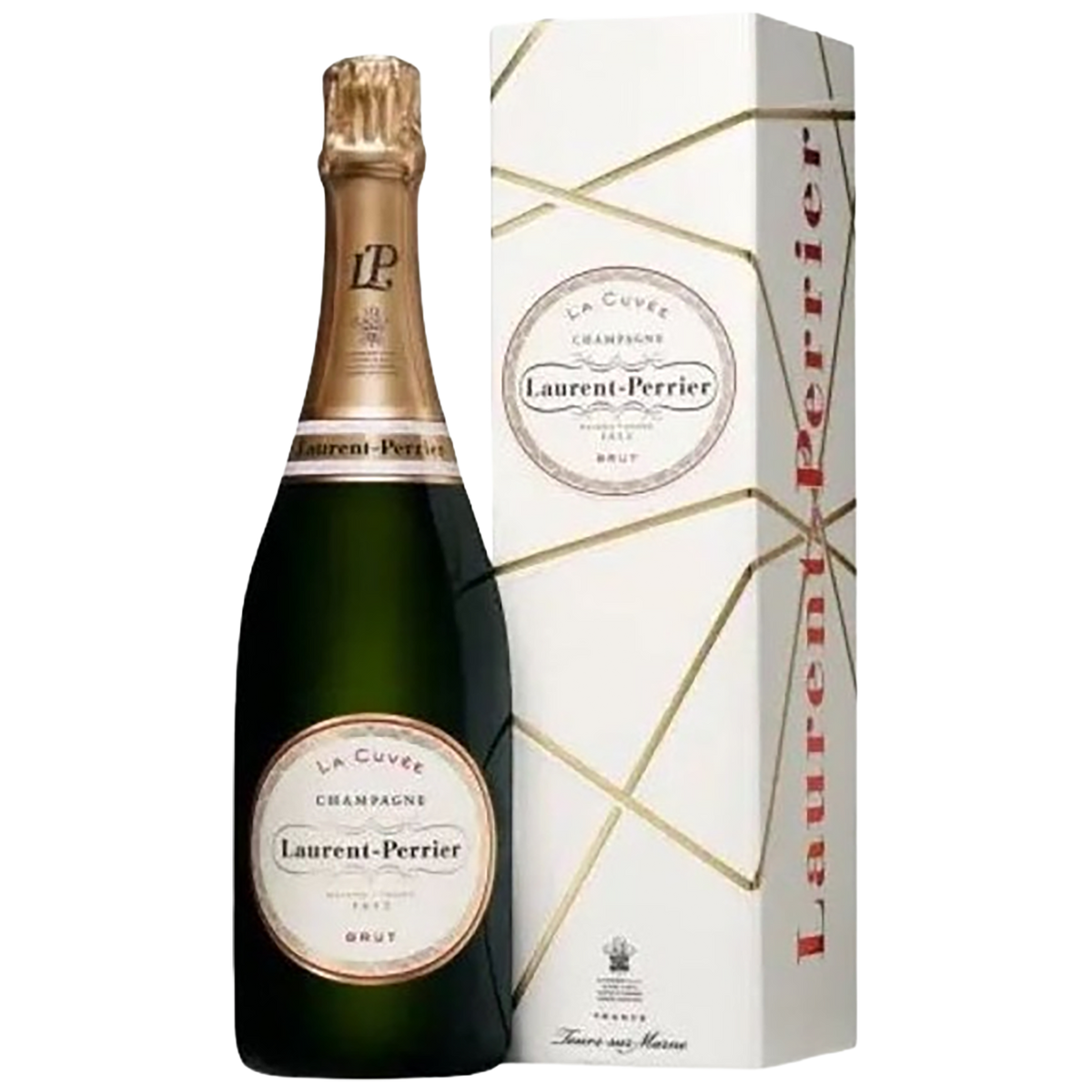 A bottle of Laurent-Perrier La Cuvée Champagnes Brut with a gift box