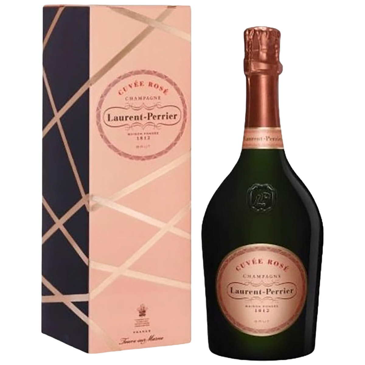 A bottle of Champagne Laurent Perrier La Cuvée Rosé with a gift box