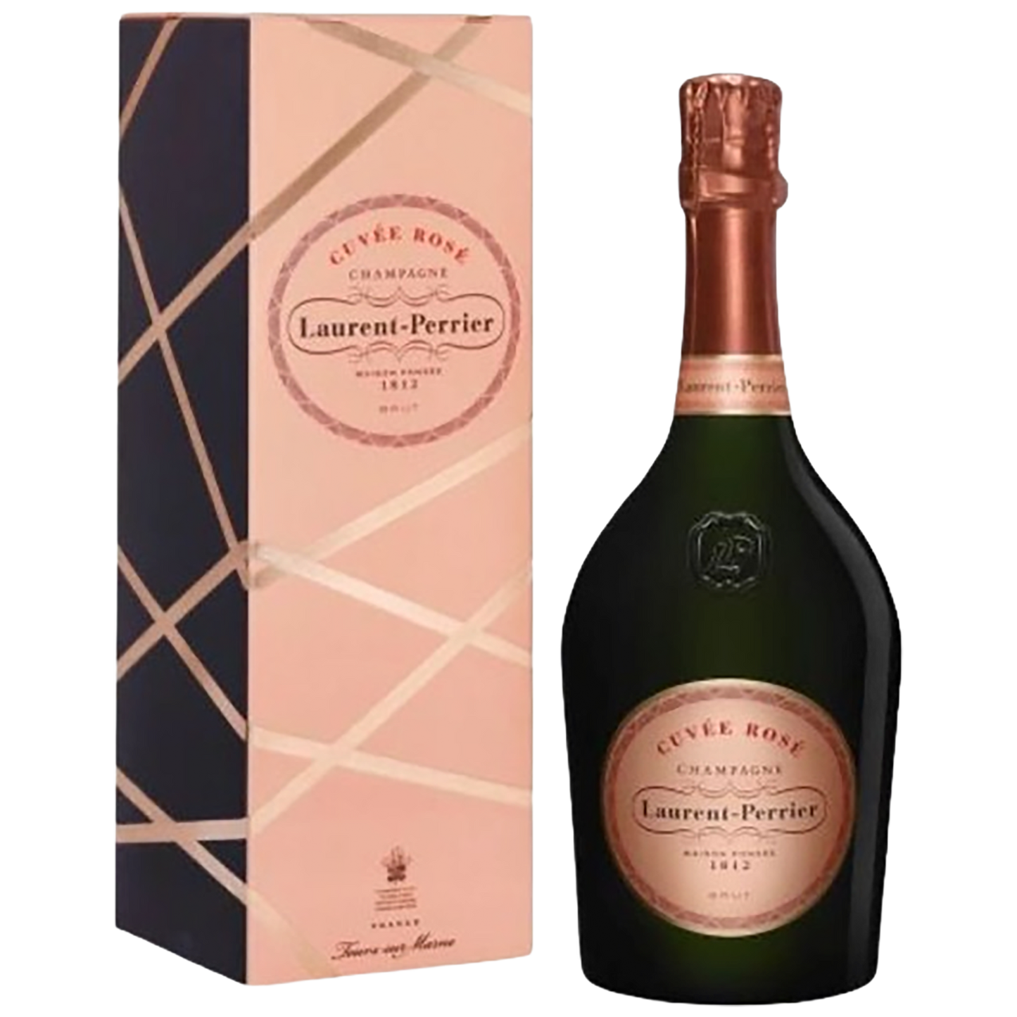 A bottle of Champagne Laurent Perrier La Cuvée Rosé with a gift box
