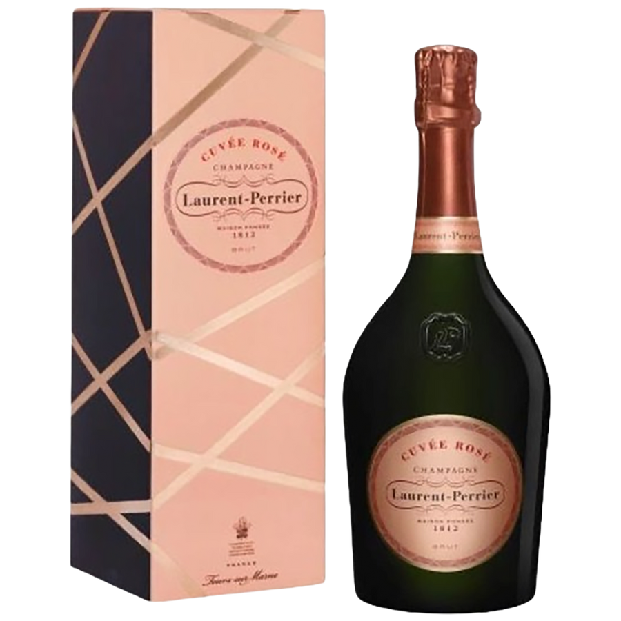 A bottle of Champagne Laurent Perrier La Cuvée Rosé with a gift box