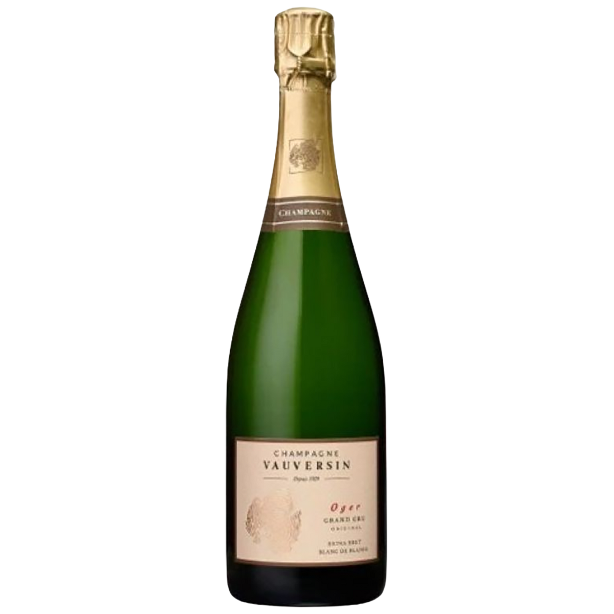 A bottle of Champagne Vauversin Original Grand Cru Blanc de Blancs Extra Brut