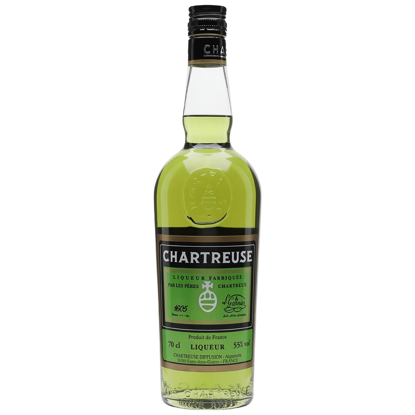 A bottle of  Chartreuse Green